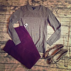 J.Crew Heathered grey sweater, plaid jewels, XS